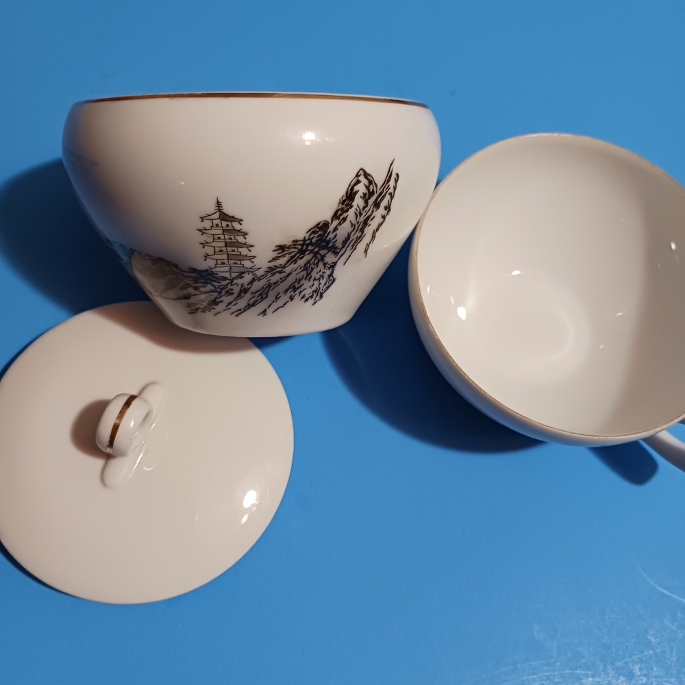 1960's Fukagawa Arita Cup and Sugar Bowl Landscape, No. 903
